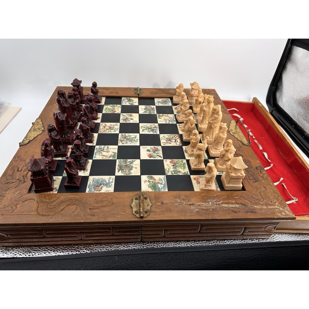 Chinese Asian Figure Chess Board Game Set Carved‎ Dragon Wood Case Inlaid Tile